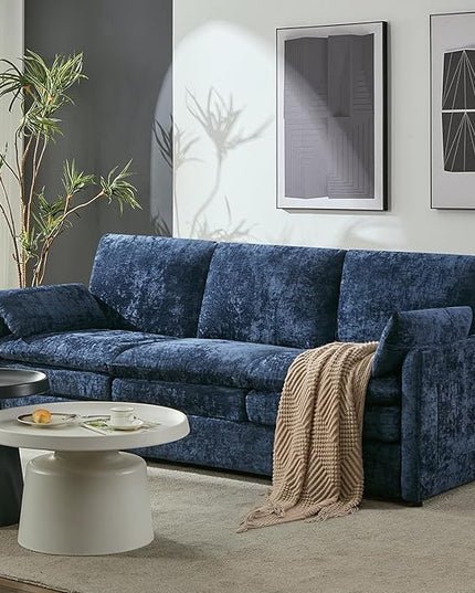 Tbfit Modern Couch, 89" Cloud Sofa Spring Seat Cushions, Comfy 3-Seater w/Pillows, Chenille Fabric Removable Covers, Soft Upholstered Living Room Furniture, Home Apartment, Blue
