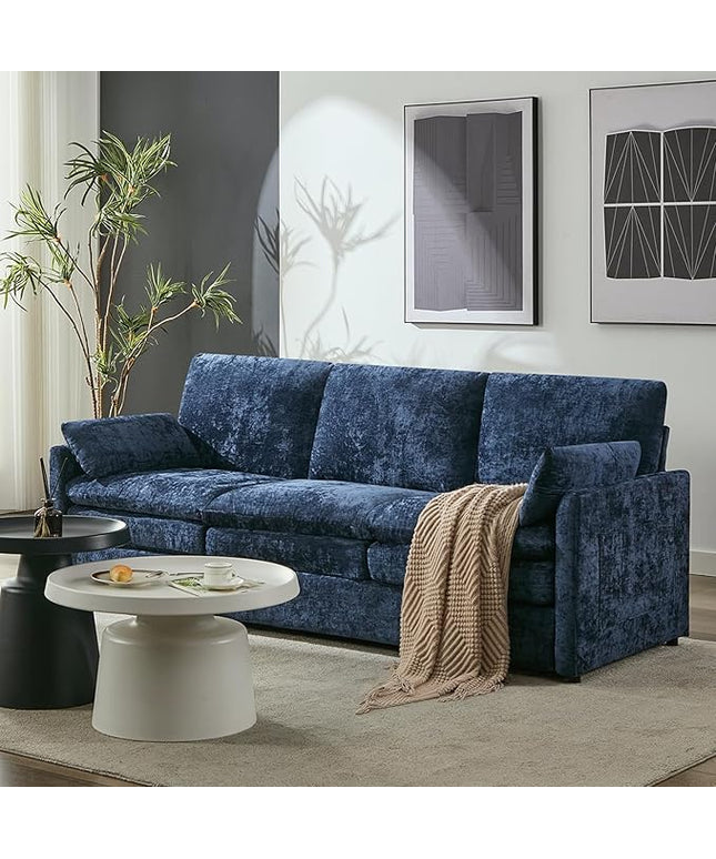 Tbfit Modern Couch, 89" Cloud Sofa Spring Seat Cushions, Comfy 3-Seater w/Pillows, Chenille Fabric Removable Covers, Soft Upholstered Living Room Furniture, Home Apartment, Blue