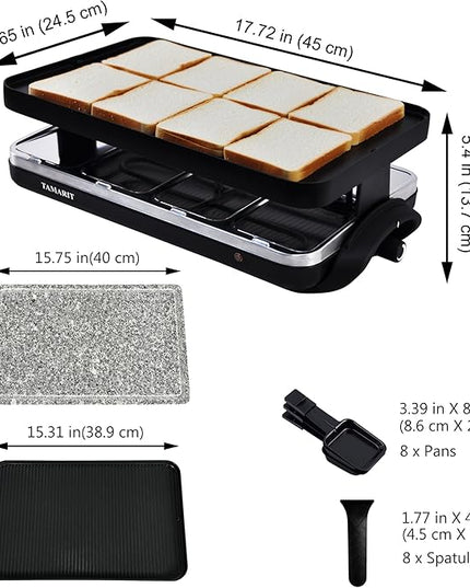 TAMARIT Raclette Table Grill Portable 3 in 1 Korean Barbecue BBQ Electric Indoor Griddle with Non-Stick Reversible Plate and Cooking Stone for Steak 1400W Raclette Grill for 8 Person, Black