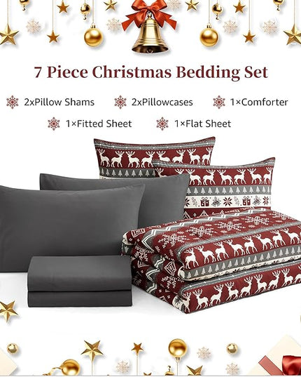 MaiRêve Christmas Full Comforter Sets, Red Reindeer Snowflake Bed Set for Holiday, Reversible Plaid Checkered Comforter Bed in a Bag, Soft Bedding Set 7 Pieces with Sheets, Pillowcases & Shams
