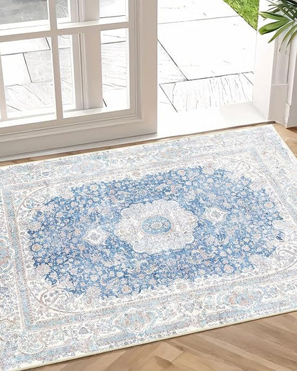 Small Rugs 2x3,Blue Rug for Entryway Bathroom Bedroom Kitchen Entrance Doormat,Boho Vintage Bohemian Distressed Washable Accent Floor Throw Carpet Non Slip,Floral