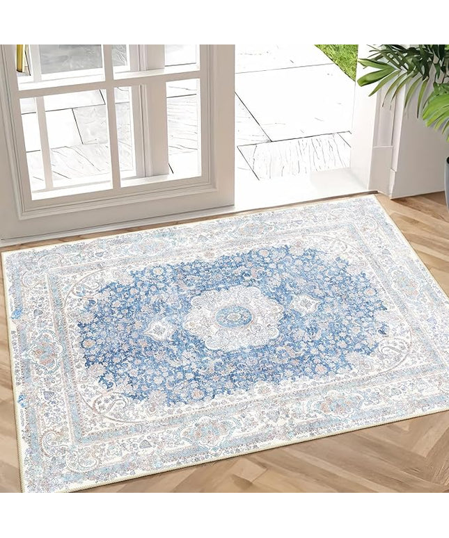 Small Rugs 2x3,Blue Rug for Entryway Bathroom Bedroom Kitchen Entrance Doormat,Boho Vintage Bohemian Distressed Washable Accent Floor Throw Carpet Non Slip,Floral
