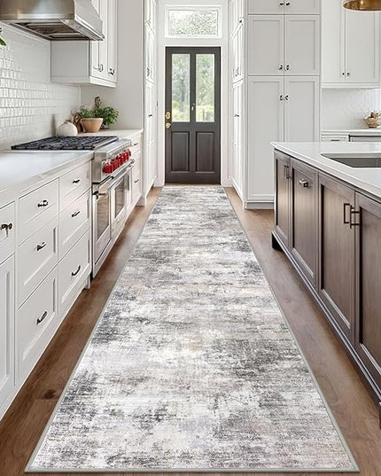 IOHOUZE Abstract Runner Rug 3x18 Ft Washable Runners for Hallways, Non Slip Kitchen Runner Printed Faux Wool Entryway Runner Indoor, Modern Abstract Floor Carpet for Hall Stair, Grey Beige
