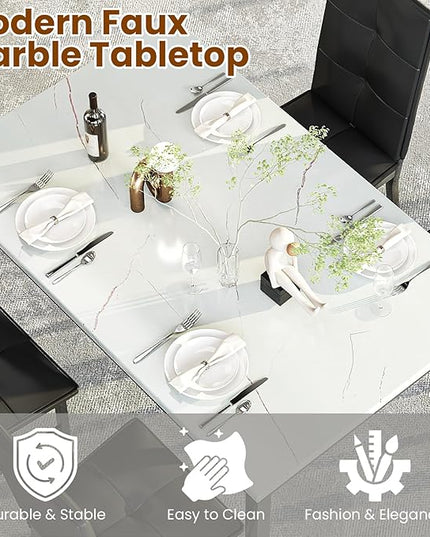 Hooseng Dining Table Set for 4, Modern Faux Marble Kitchen Table with 4 PU Leather Chairs, 5-Piece Small Dining Room Table Set for Dinette, Breakfast Nook