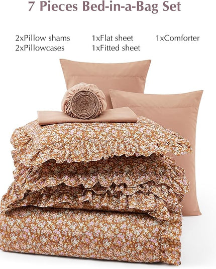 Queen Comforter Set - 7 Pieces Ruffle Brown Bedding Sets, Shabby Chic Farmhouse Bed in a Bag with Ruffle Comforter, Sheets, Pillowcases & Shams