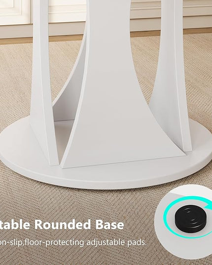 Round Dining Table for 4-6, Kitchen Table with Sturdy Double Arc & Rounded Base & Backboard Clasp Desktop, Mid-Century Modern Circle Dinner Table for Dining Living Room, Space Saving, White