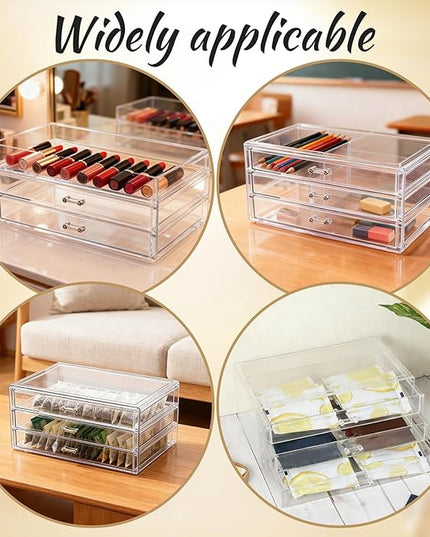 Acrylic Drawers Stackable Clear, 9.3 X 5.3 X 4 Inch Stackable Makeup Organizer Acrylic 3 Drawer Storage Organizers Clear Stationery Organizer for Dresser, Bathroom, Vanity, Countertop