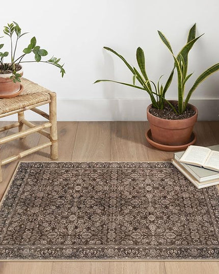 2x3 Washable Rug Soft Area Rug for Entryway, Rust Reddish Brown Non-Slip Indoor Door Mat Distressed Floral Low-Pile Kitchen Rugs, Neutral Vintage Carpet for Entrance Bedside Farmhouse