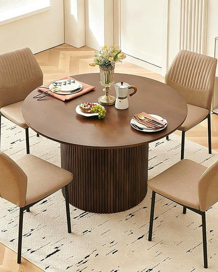 Dining Table Set for 4, 47" Wooden Round Kitchen Table with PU Leather Chairs for Kitchen Room and Small Spaces(Walnut Table + 4 Beige Chairs)