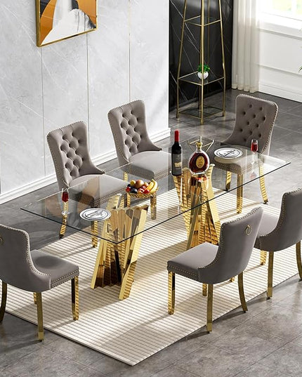 7 Piece Dining Table Set with 6 Grey Dining Chairs, Modern Glass Kitchen Table and Chairs Set for 6, 70" Rectangle Gold Glass Pedestal Dining Room Tables with Flash-Shape Stainless Steel Base
