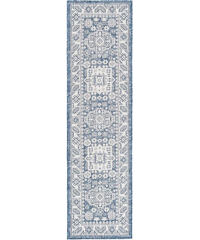 Rugs.com Outdoor Aztec Collection Rug – 8 Ft Runner Blue Flatweave Rug Perfect for Hallways, Entryways