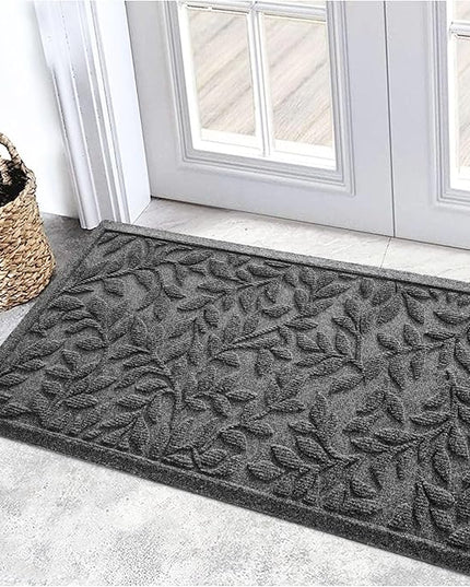 Bulijojo Sturdy Front Entrance Doormats,Durable Heavy Duty Welcome Mat,Thick Absorbent Natural Rubber Non Slip Mat,Easy Clean Entryway Mat 17x30 Inch Leaves Grey