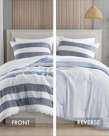 King Comforter Set, 3 Pieces Striped Bed Set, Soft Brushed Microfiber Reversible Bedding Set for All Season, Lightweight & Breathable Bedding Set with Comforter & Shams, Navy/Blue