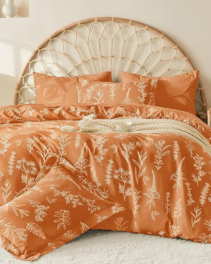 MUXHOMO Burnt Orange Bed in a Bag King 7 Pieces, King Comforter Set Reversible Botanical Flowers Design, Ultra Soft & Breathable Bedding Sets with Comforter, Sheets, Pillowcases & Shams