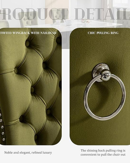 SoarFlash Velvet Dining Chairs Set of 8, Tall Back Side Chair, Modern Upholstered Side Chair with Button Back Ring, Silver Plated Stainless Steel Legs (Olive Green)