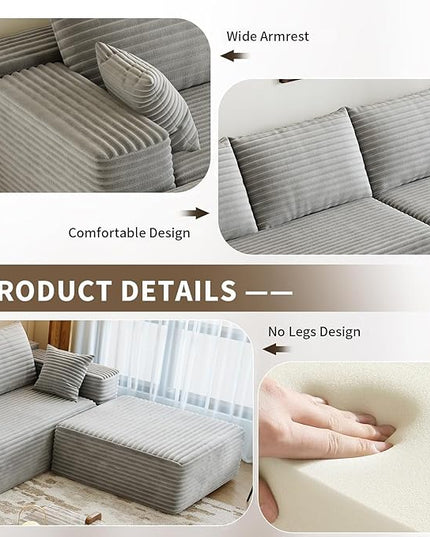 139.4" Modular Sectional Sofa, L-Shaped Minimalist Couches with Ottoman Chaise, Modern Deep Seat Convertible Sleeper Sofa,Cloud Plush Corduroy Fabric, No Assembly Required, 5 Seater, Grey