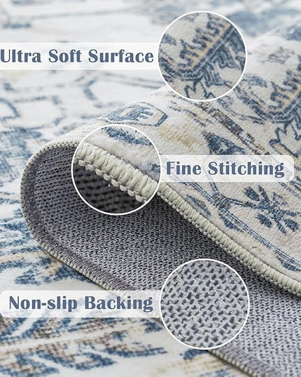 jinchan Lima Hallway Runner Rug 2x10 Washable - Vintage Floral Non Slip Low-Pile Soft Ultra-Thin Faux Wool Kitchen Rug Distressed Carpet Runner for Farmhouse Bedroom Laundry (2x10ft, Blue)