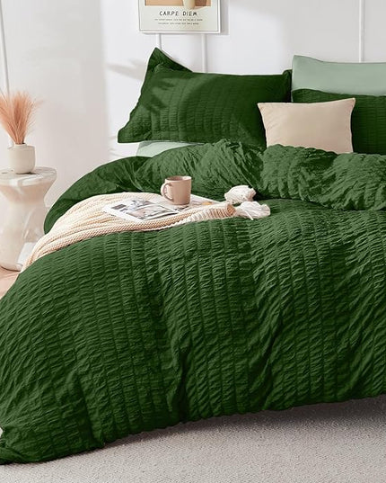 HYMOKEGE Dark Green/Sage Green King Size Comforter Set Seersucker 7 Pieces, All Season Luxury Bed in a Bag for Bedroom, Bedding Set with Comforter, Sheets, Pillowcases & Shams