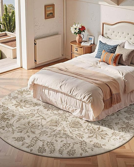 jinchan Torino Classic Floral Round Rug 7ft, Vintage-Inspired Neutral Design 7’Circle Rug, Machine Washable Ultra-Thin Low-Pile Non-Slip Indoor Carpet for Bedroom Dining Room Living Room, Taupe