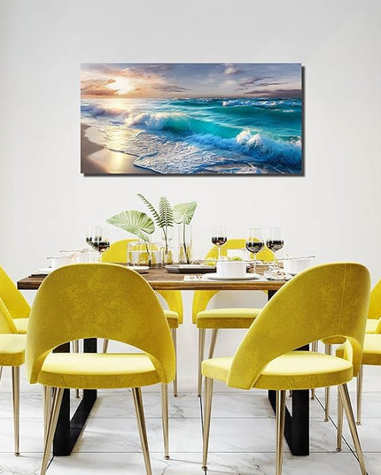 GUGIKA Ocean Wall Art for Living Room, Blue Wave and Large Coastal Beach Canvas Wall-Decor for Bedroom, Gold Sun Scenery Pictures for Hallway Office, Size 40x20 Inches