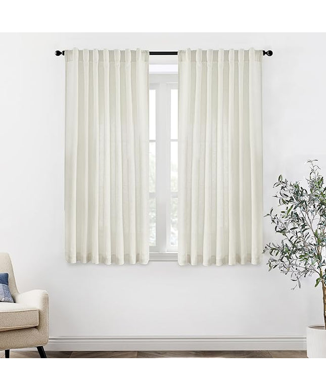 XTMYI Bathroom Window Curtains Short,Linen Cotton Sheer Boho Farmhouse Kitchen Curtains 45 Inch Length,Cream Ivory