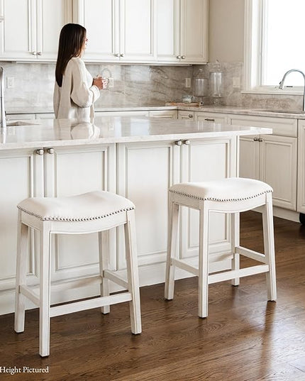 Maven Lane Adrien Backless Bar Stool – Set of 4 – 31 Inch Saddle Seat with Footrest – Cream Solid Wood Frame & Natural Fabric Upholstery – Ideal for Bars, Pub Tables & Tall Kitchen Counters