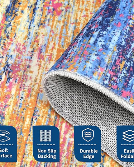 Modern Abstract Living Room Rug 10x13, Machine Washable Large Carpet, Non Slip Low Pile Throw Rug, Ultra Soft Indoor Floor Carpet for Bedroom Dining Room Table Home Decor, Blue/Orange