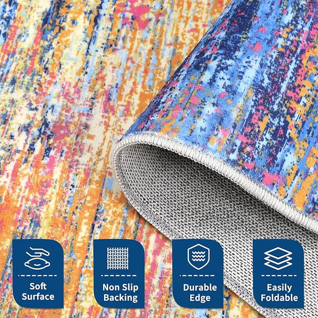 Washable Rug 9x12 Area Rug for Living Room, Non Slip Abstract Rug for Bedroom, Ultra Soft Area Rug, Low Pile Soft Contemporary Indoor Floor Carpet Cover, Blue/Orange