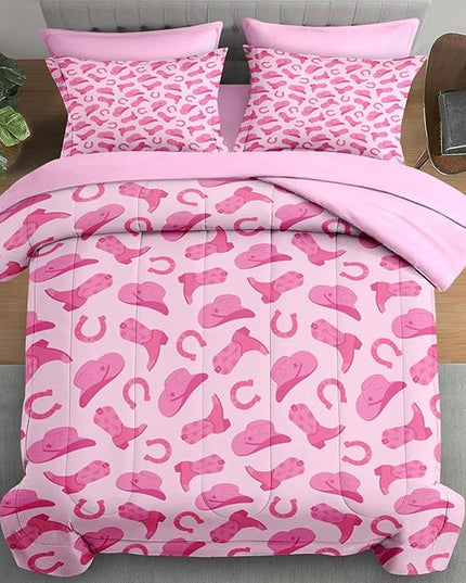 Comforter Set King Size, Pink Cowboy Cowgirl 7 Pcs Bedding for Kids and Adults, Cute American Western Bed Sheet Sets with Fitted Sheet 2 Pillowcases & 2 Shams