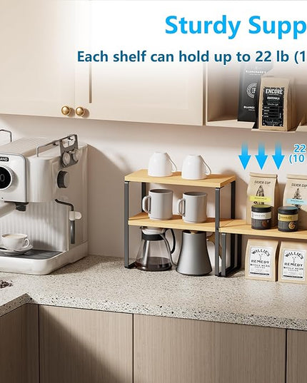 Golener Countertop Organizer Corner Shelf, 2-Tier Adjustable Stackable Corner Shelves for Kitchen, Spice Rack, Coffee Area, Over Sink, Bathroom, Dresser Table, Corner Counter Shelf Stand, Bamboo