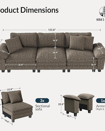 HERA'S HOUSE 124" Modular Sectional Sofa, Oversized Couches for Living Room, Comfy Cloud Couch 3-Seater Deep Seat Sofa with Throw Pillow, Chenille Ash
