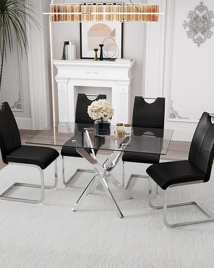 5 Piece Dining Table Table Set, Modern Tempered Glass Dining Table Set for 4 Kitchen Table Set with 4 Upholstered Chairs for Kitchen Dining Room (Sliver Table with Black Hoop Leg Chairs)