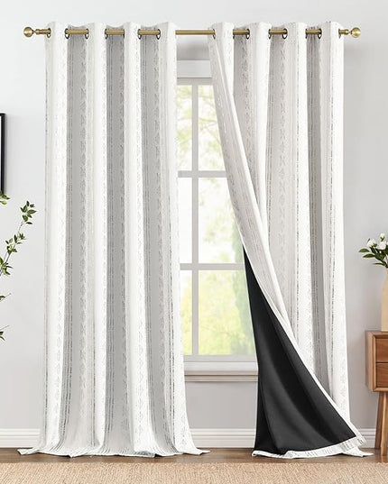 jinchan 95% Blackout Boho Curtains 96 Inches Long for Christmas Bedroom Living Room Decor Festive Xmas Silver Geometric Foil Printed Curtain Grommet Top Room Darkening Drapes Off White 2 Panels