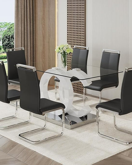 Ebullient Glass Dining Table Set for 6 ，7 Piece Dining Table Set,Tempered Glass Table Top，White Modern Dining Room Table with 6 PU Leather Ergonomic Dining Chairs