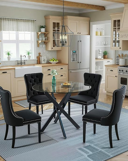 5 Piece Round Glass Dining Table Set for 4, Modern Dining Room Table and Chairs Set, Tempered Glass Top Kitchen Table with 4 Velvet Chairs, Space Saving Dining Set for Small Apartment or Home