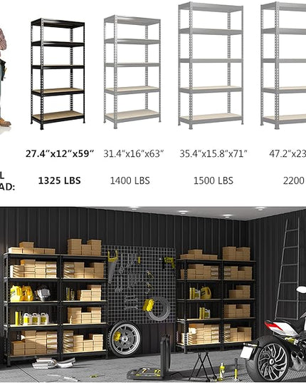PrimeZone Storage Shelves 5 Tier Adjustable Garage Storage Shelving, Heavy Duty Metal Storage Utility Rack Shelf Unit for Warehouse Pantry Closet Kitchen, 28" x 12" x 59", Black