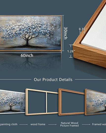ERQINHUA Abstract Wall Art Living Room Large Wall Decor Wood Framed Art For Office Wall Pictures Blue Grey Tree Painting Canvas Printing Artwork Bedroom Restaurant Home Decoration Aesthetic 30"X60"
