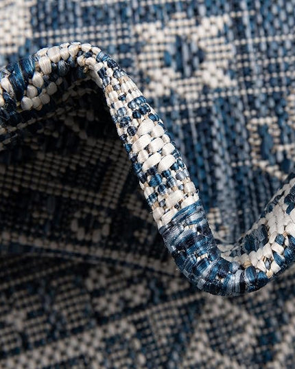 Rugs.com Outdoor Aztec Collection Rug – 5 Ft Round Blue Flatweave Rug Perfect for Kitchens, Dining Rooms