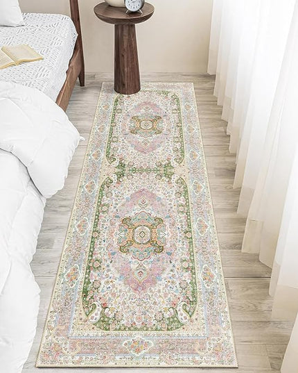 Washable Runner Rug 2x6,Pink Rug Runners Non Slip,Long Boho Rugs for Hallways Kitchen Bedroom Entryway Living Room Bathroom,Vintage Bohemian Distressed Floor Carpet,Blush Green