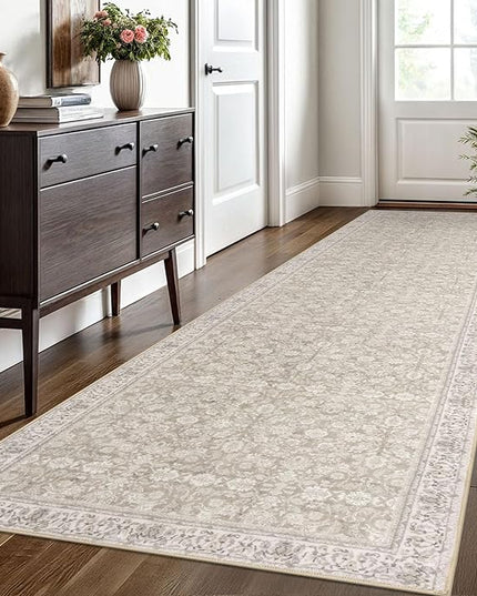 3x10 Washable Runner Rug for Kitchen, Cream Beige White Grey Soft Classic Runner with Non-Slip, Non-Shedding Distressed Floral Rug for Hallways Entryway Bedroom Laundry Indoor