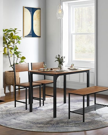 COSTWAY Dining Table Set for 4, Rectangular Kitchen Table Set with Bench and 2 Chairs, Storage Rack & Metal Frame, 4-Piece Dining Room Table and Chairs Set for Small Space, Apartment (Brown)