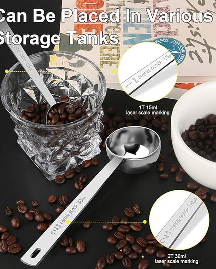 Coffee Scoop Set, Tablespoon Scoop 2 Pc Set (1 Tbsp & 2 Tbsp), Stainless Steel Measuring Spoons for Ground Coffee with Long Handles, for Tea, Sugar, or Flour