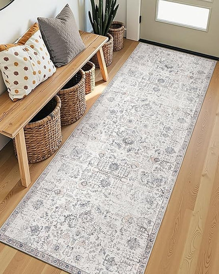 jinchan Kalen Runner Rug 2x7 Washable Hallway Rug Vintage Indoor Thin Retro Floor Cover Distressed Gray Floral Country Lightweight Non Slip Carpet for Entryway Bathroom Bedroom Living Room Grey