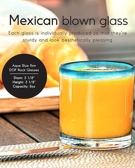 Aqua Blue Rim 8 oz DOF Rocks Glasses (set of 6) Mexican Handmade Glassware, Recycled Glass, Lead-free, Toxin-Free (DOF Rocks)