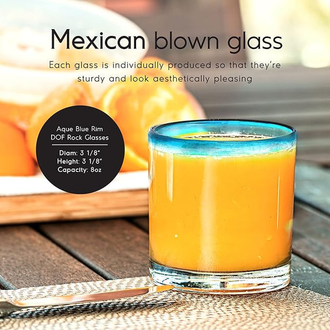 Aqua Blue Rim 8 oz DOF Rocks Glasses (set of 6) Mexican Handmade Glassware, Recycled Glass, Lead-free, Toxin-Free (DOF Rocks)
