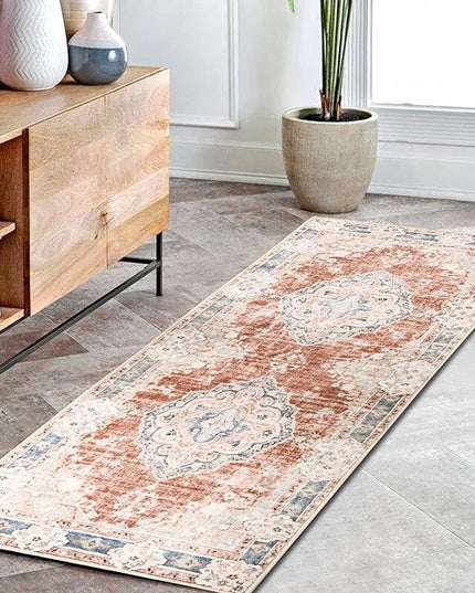 MUJOO Hallway Runner Rug Machine Washable 2'x6 ' Non Slip Boho Runner Rugs for Hallways Entryway Kitchen Bathroom Bedside Retro Soft Low-Pile Orange Navy Blue Flowers