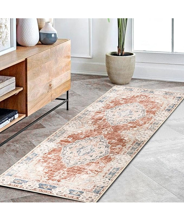 MUJOO Hallway Runner Rug Machine Washable 2'x6 ' Non Slip Boho Runner Rugs for Hallways Entryway Kitchen Bathroom Bedside Retro Soft Low-Pile Orange Navy Blue Flowers