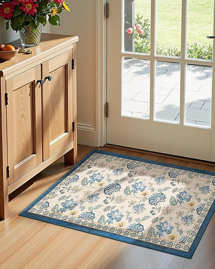 jinchan Elora 2x3 Floral Rug for Entryway Washable Rug Vintage Romance Design Small Mat Non Slip Indoor Doormat Lightweight Low-Profile Throw Carpet for Entrance Bathroom Laundry Room, Blue/Beige