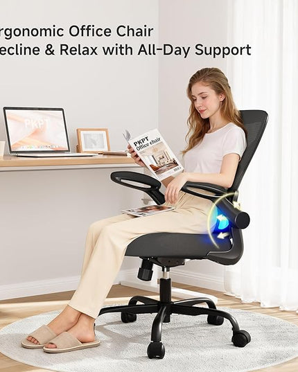 Office Chair with Adjustable Lumbar Support, Home Office Desk Chair with Flip-up Armrests, 330 lbs Mesh Computer Chair for Long Day Use, Black