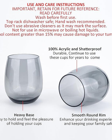 KOXIN-KARLU Classic 18-ounce Acrylic Stemless Wine Glasses, Unbreakable Mixed Drinkware Plastic Tumbler, set of 6 Grey